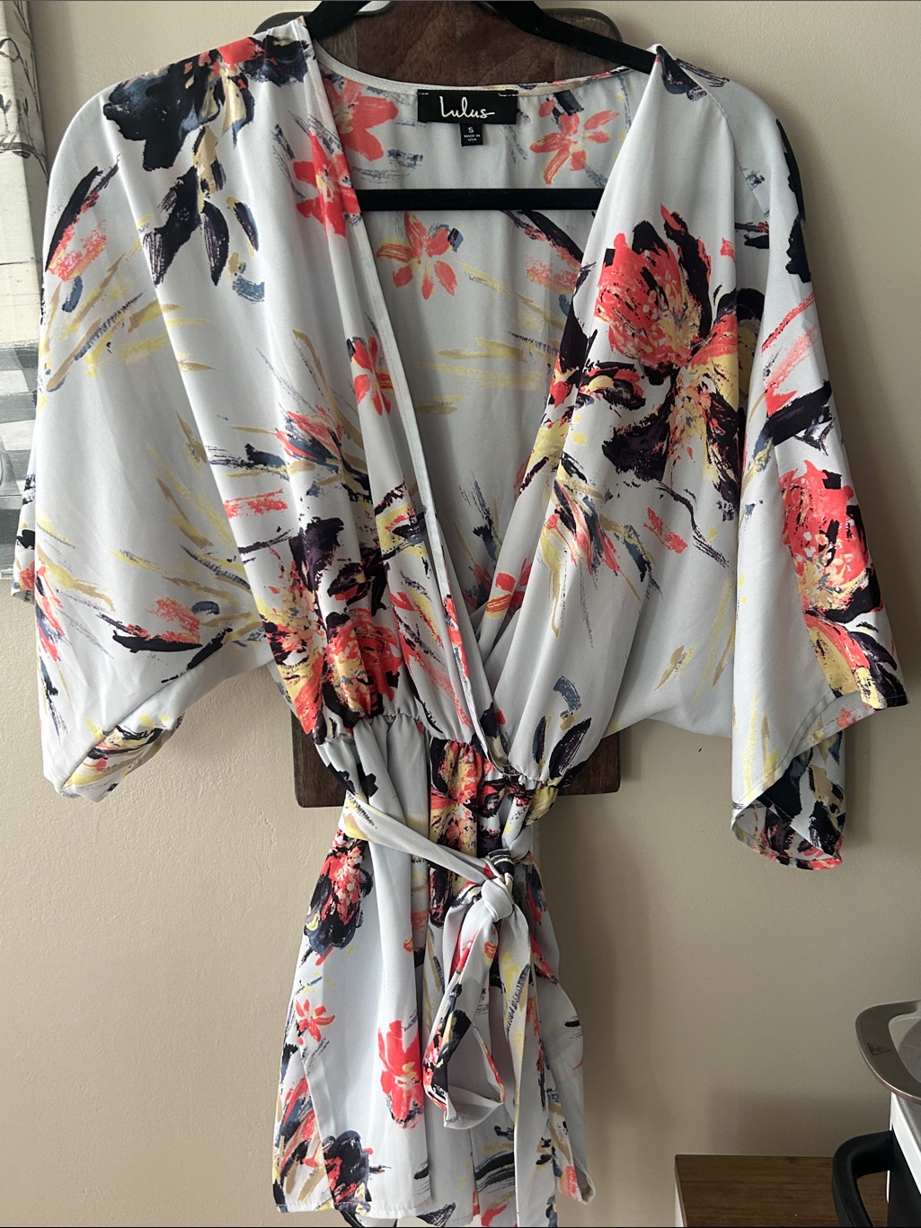 Lulu's Light Blue Floral Kimono Romper With Coral & Navy Accents